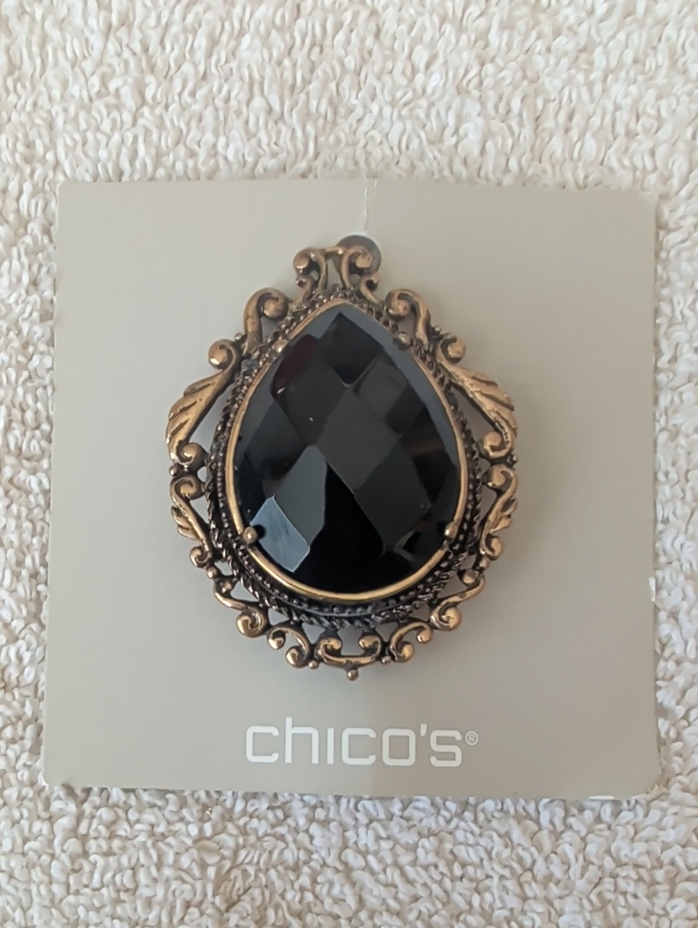 Black and Antique Gold Filigree Teardrop Brooch